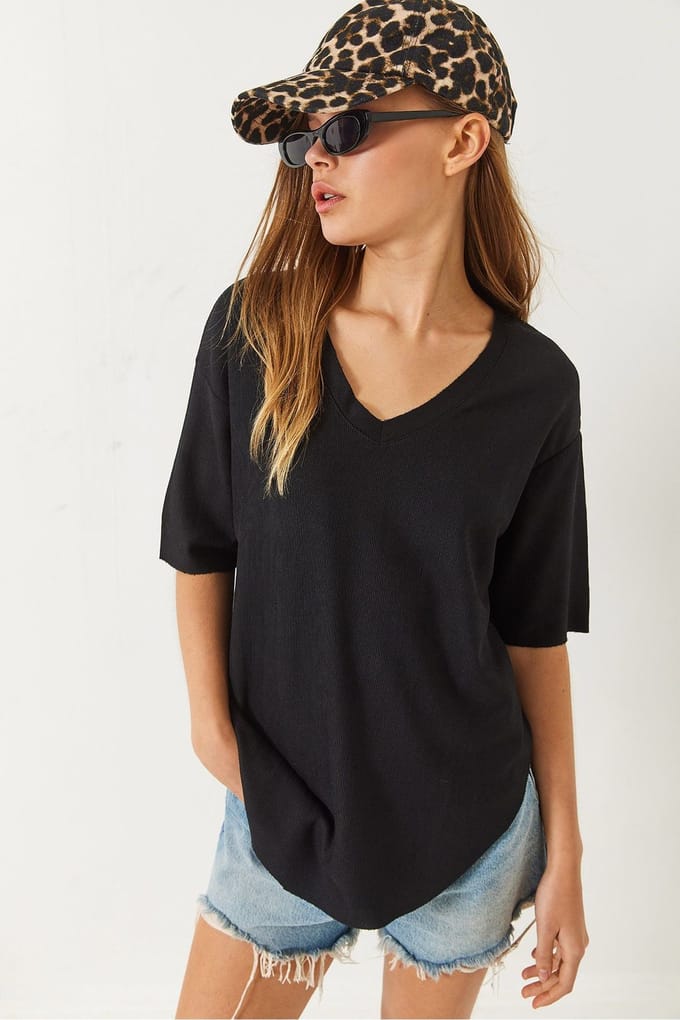 V-hals Gebreide Korte Mouwen T-shirt