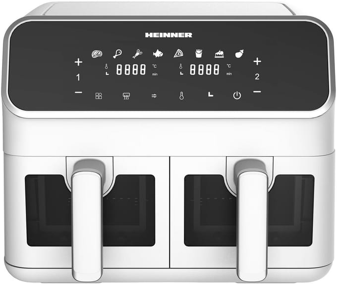 Heinner DualFry Supreme Dubbele Heteluchtfriteuse – 1700W – 8L Totale Capaciteit – Digitaal Display – Touchbediening – 8 Programma’s – SYNC & MATCH – Temperatuur 80–200°C – Wit – 3 Jaar Garantie
