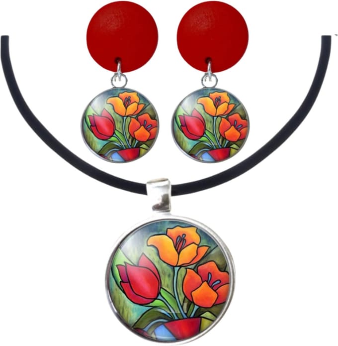 Set Tulp clip oorbellen hout en ketting - Charme Bijoux