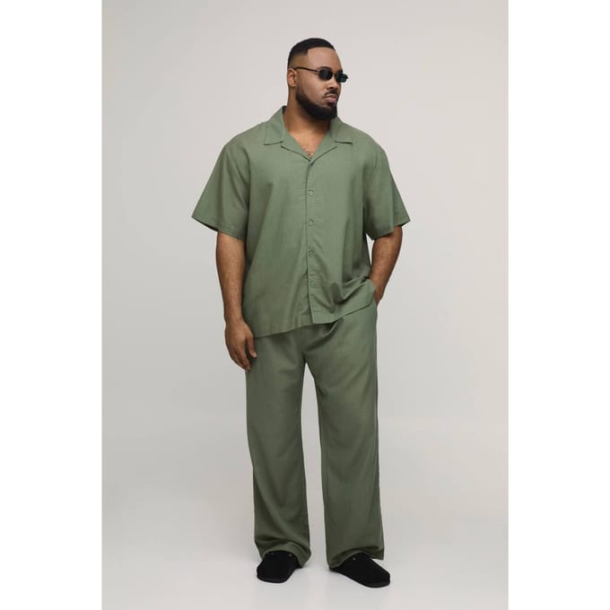 Plus Vakantie Linnen Blend Oversized Shirt & Ontspannen Broek Set | Olive | Size 2XL