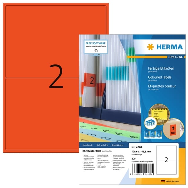 HERMA Coloured labels A4 199.6 x 143.5 mm red permanent adhesion