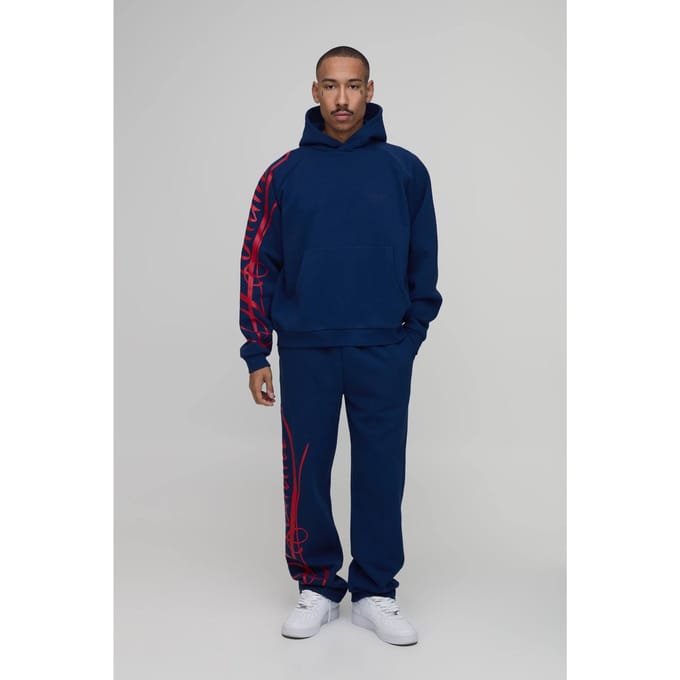 Oversized Boxy Homme Script Hoodie En Relaxed Split Zoom Jogger Trainingspak | Navy | Size Small