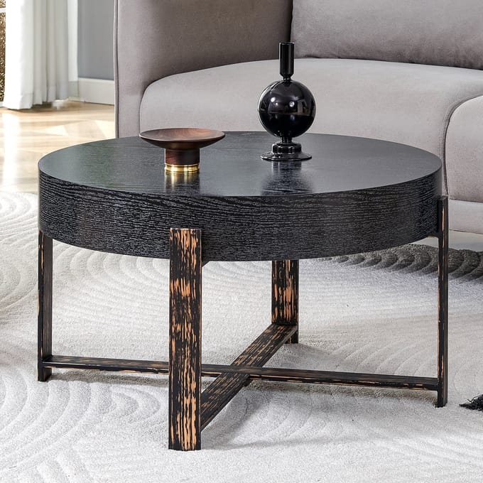 Bijzettafel - Ø 68 cm - Robuuste Kruispoot - Modern Minimalistisch Design - Metaal en Hout - Zwart