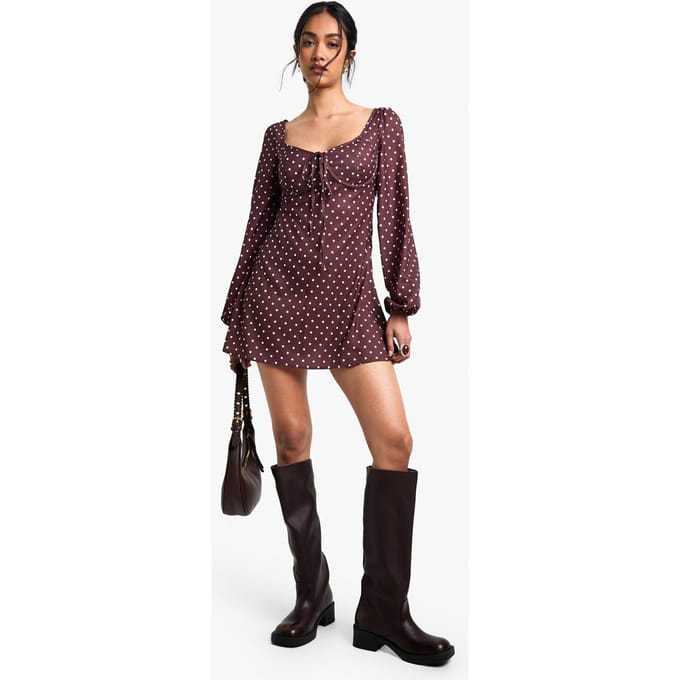 boohoo Dames Polkadot Melkmeisje Mini-Jurk | Brown | Maat: 10
