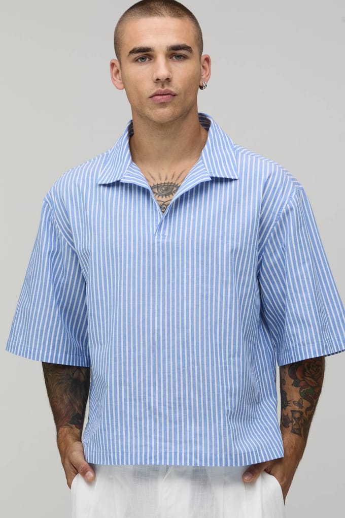 Oversized Short Sleeve Poplin Stripe Polo Shirt | Blue | Size XL