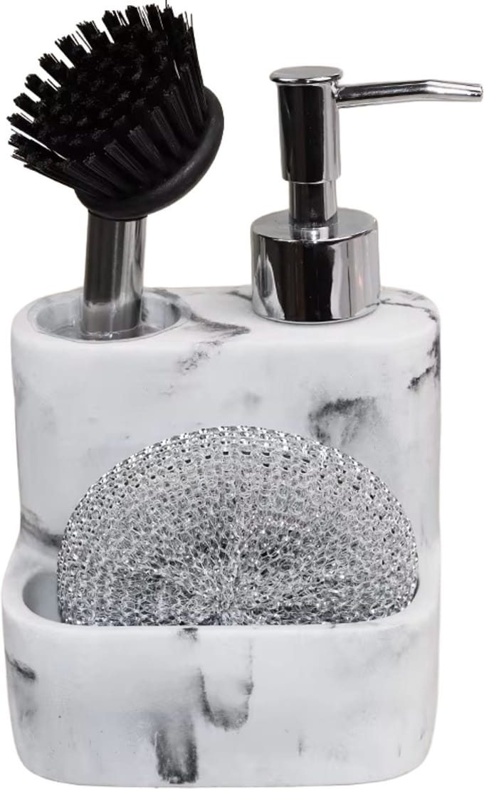 Zeepdispenser met Borstel en Stalen Schuurspon - Wit Marmerlook