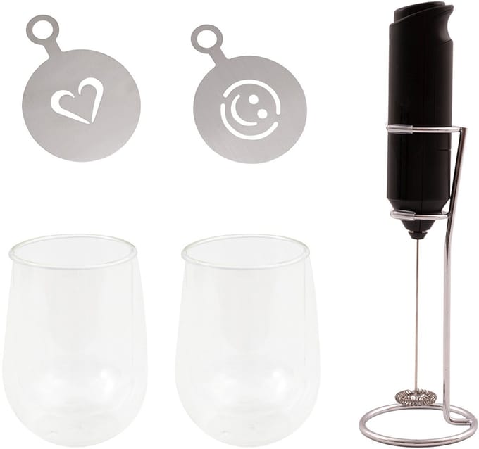 Point-Virgule cappuccino set 2 dubbelwandige glazen 250ml met melkopschuimer en stencil