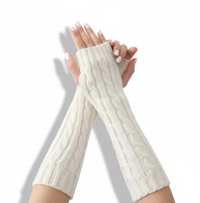 Enluxe Kabelgebreide Armwarmers met Halfvinger voor Dames – Wit – Winter Warm – One Size