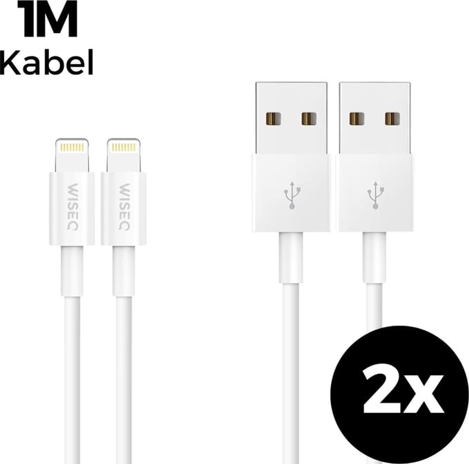USB naar Lightning kabels 2 stuks – 1 meter - Lightning oplaadkabels duopack – geschikt voor Apple iPhone – wit – WiseQ