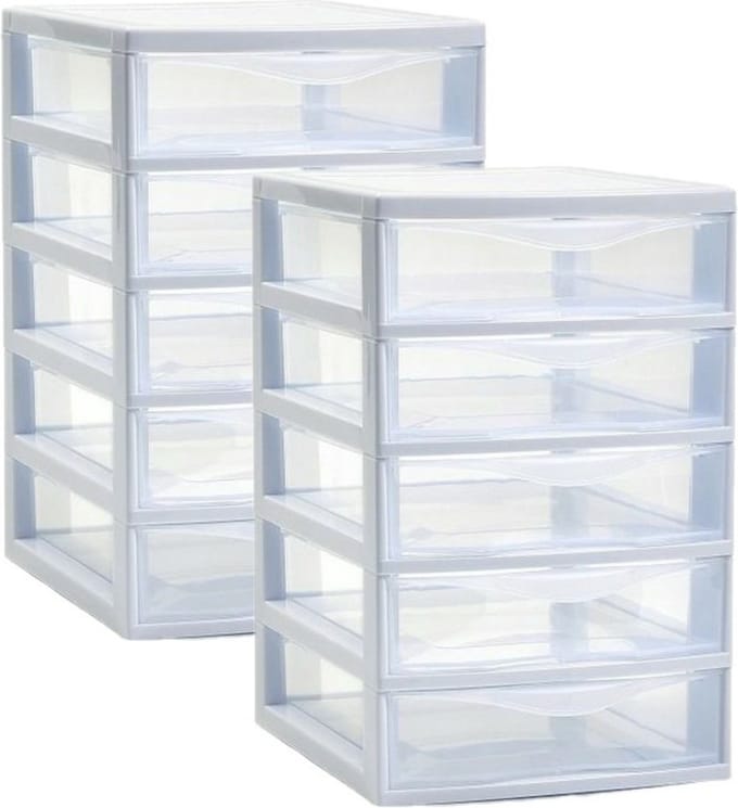 Plasticforte Ladeblokje/bureau organizer 2x lades - wit/transparant - L18 x B21 x H28 cm - plastic