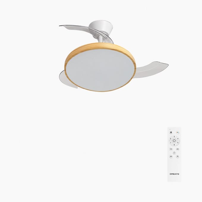 CREATE - Plafondventilator 40W stil met intrekbare bladen met licht - Ø91cm - Wit / Licht hout - Afstandsbediening - WIND CLEAR STUDIO