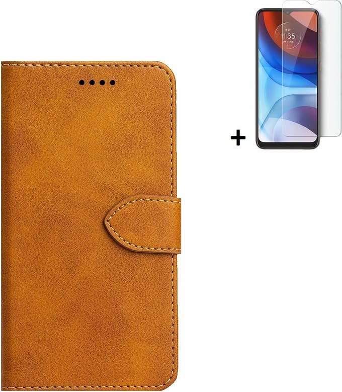 Hoesje Geschikt voor Motorola Moto E20 - Screenprotector Motorola Moto E20 - Wallet Bookcase Cognac Bruin + Screenprotector