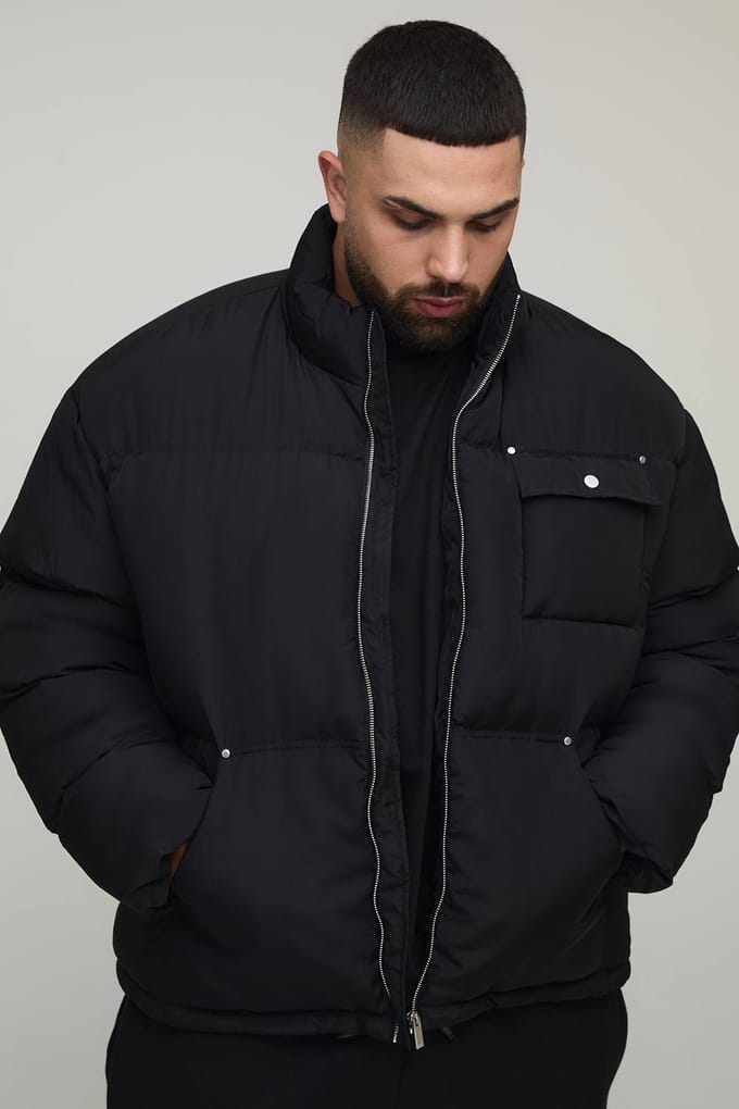Plus Regular Fit Nylon Carpenter Funnel Neck Puffer Jacket | Black | Size 2XL