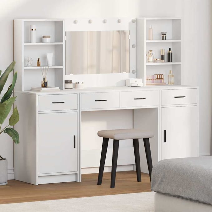 Make-up Kaptafel Set met LED Verlichting en Lades 3 stuks Wit Houtbasis Materiaal