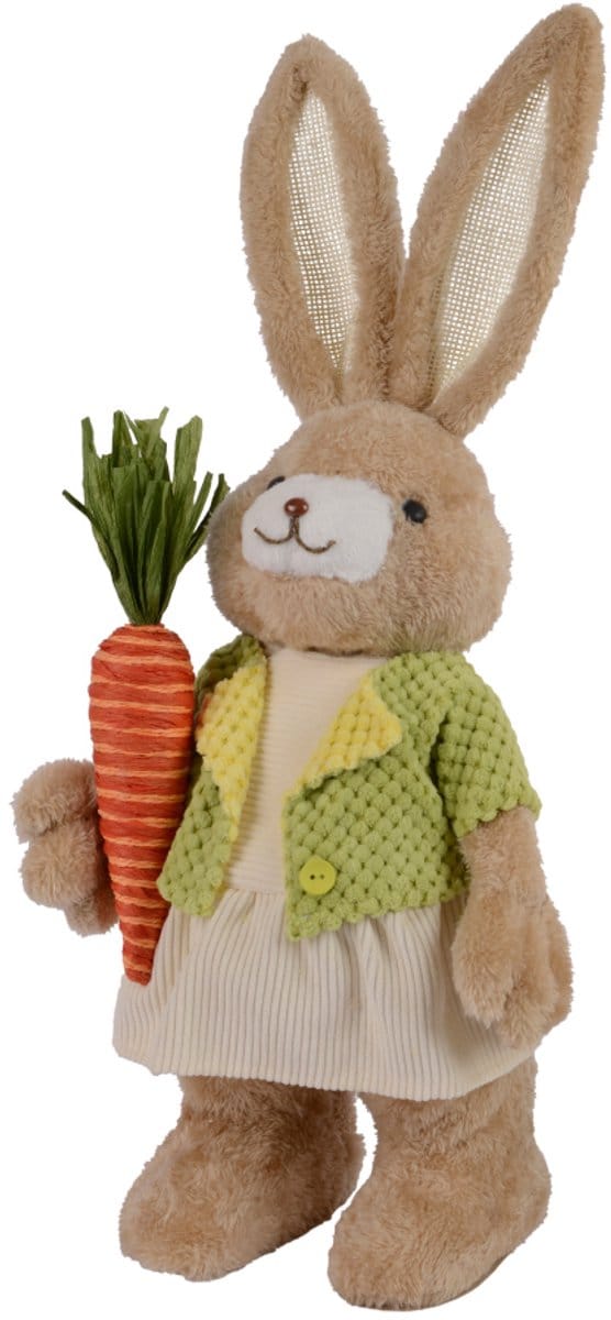 Decoris - Paaskonijn met Groen Vestje - Staande Haas met Wortel - Polyester - H 55cm