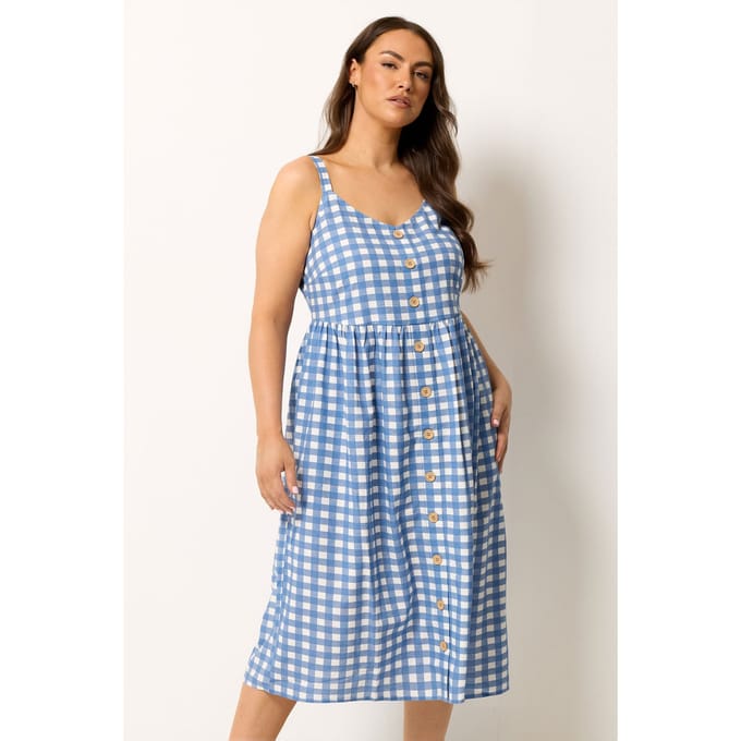 Yours Blauwe Geruite Linnen Jurk Size 54-56