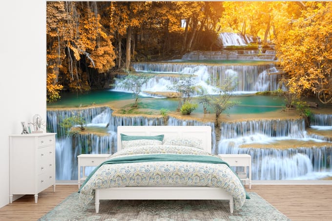 Behang - Fotobehang Waterval - Herfst - Bomen - Bruin - Water - Breedte 295 cm x hoogte 220 cm