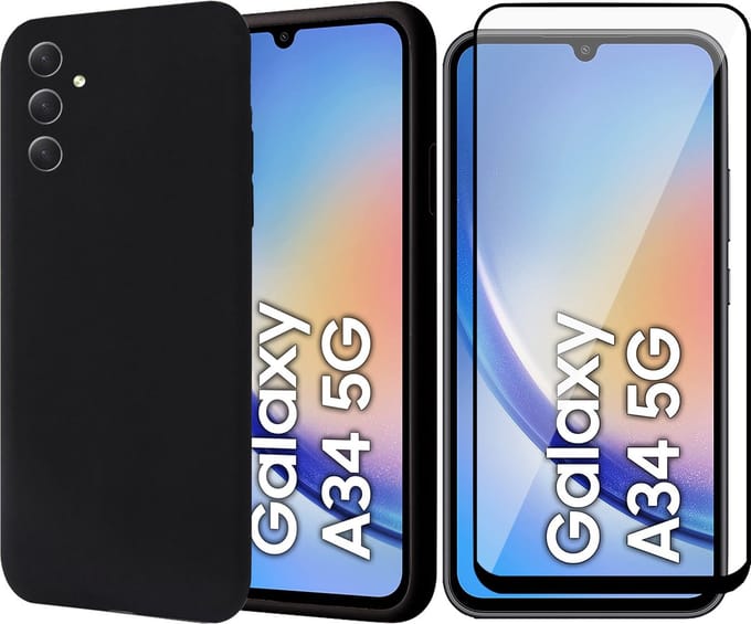 Hoesje geschikt voor Samsung Galaxy A34 - Screen Protector FullGuard - Back Cover Case SoftTouch Zwart & Screenprotector