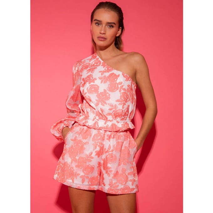 Studio Amaya molly top one shoulder bloemenprint roze wit