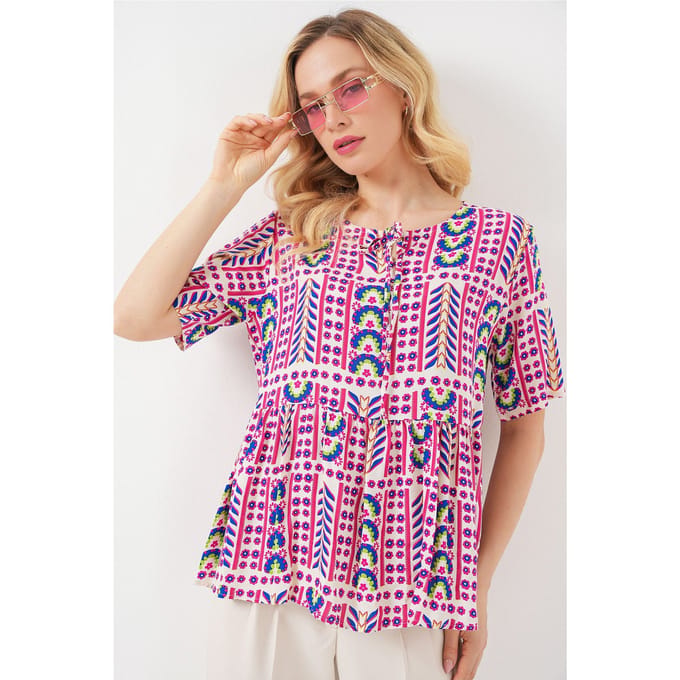 Patroon Blouse met Ronde Hals en Strikdetail
