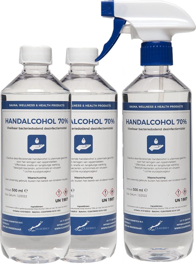 Handalcohol 70% - 500 ml met spraykop + 2x 500 ml met dop