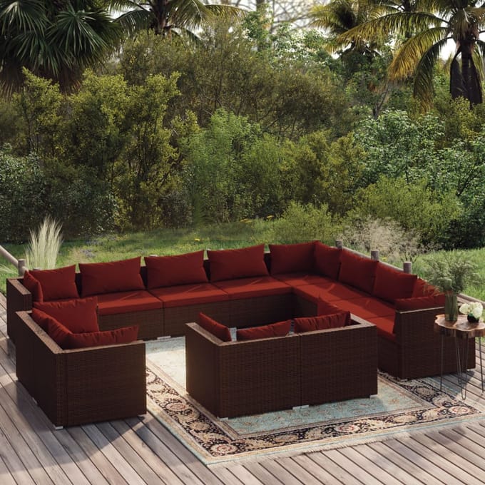 vidaXL - 12-delige - Loungeset - met - kussens - poly - rattan - bruin