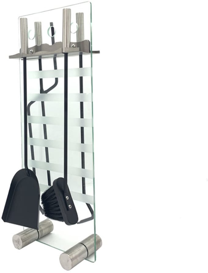 Haardset 4-delig – glasplaat – mat zwart / RVS – modern haardbestek
