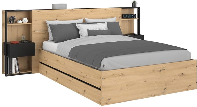 Vente-unique Bed met opbergruimte hout zwart, natuurlijk licht 140 x 190 cm