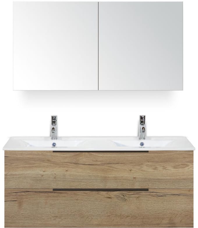 Seville Badmeubelset 120 cm - 2 Laden Natuur Eik Edge - Wastafel Enjoy Dubbel met Spiegelkast