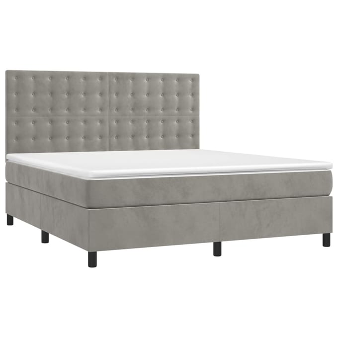 vidaXL - Boxspring - met - matras - en - LED - fluweel - lichtgrijs - 180x200 - cm