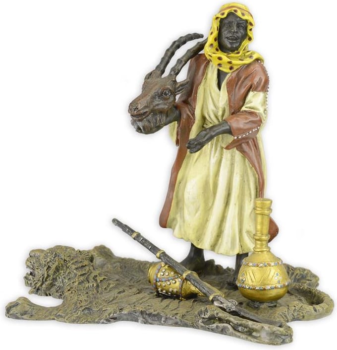 Bronzen beeld - Arabische jager - Geverfd bronzen sculptuur - 14,6 cm hoog