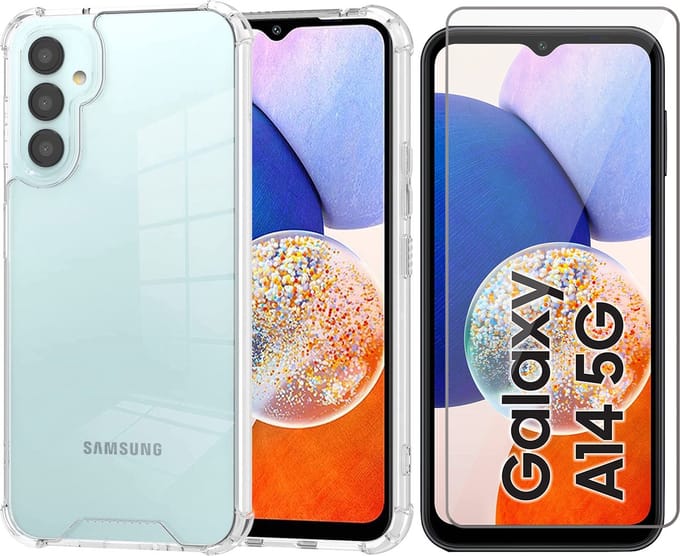 Hoesje geschikt voor Samsung Galaxy A14 - Screen Protector GlassGuard - Back Cover Case ShockGuard Transparant & Screenprotector