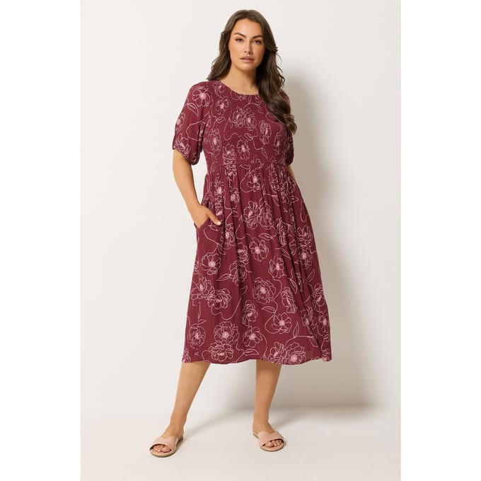 Yours Rode Bloemenjurk Met Pofmouwen En Plooien Size 46
