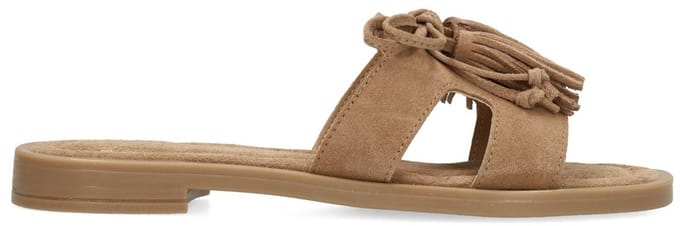 Manfield - Dames - Beige suède slippers met franjes - Maat 36
