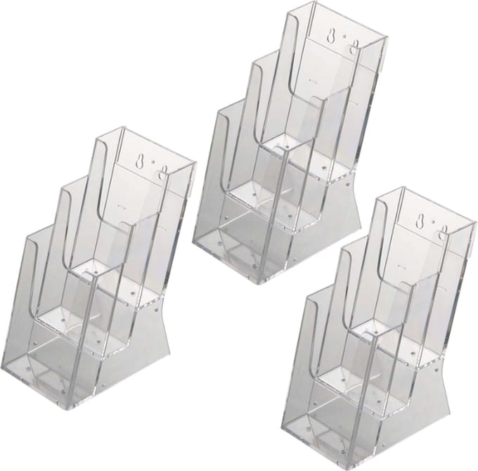 3 Pack | Folderbakje Din lang | Folderhouder | Folderdisplay | 3-vaks Tafelmodel | Helder acryl 3mm |  Din Lang (9,9 x 21cm)