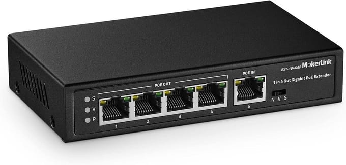 PoE Extender 5-Poorts Gigabit Switch - Repeater voor PoE In/Uit - Wandmontage