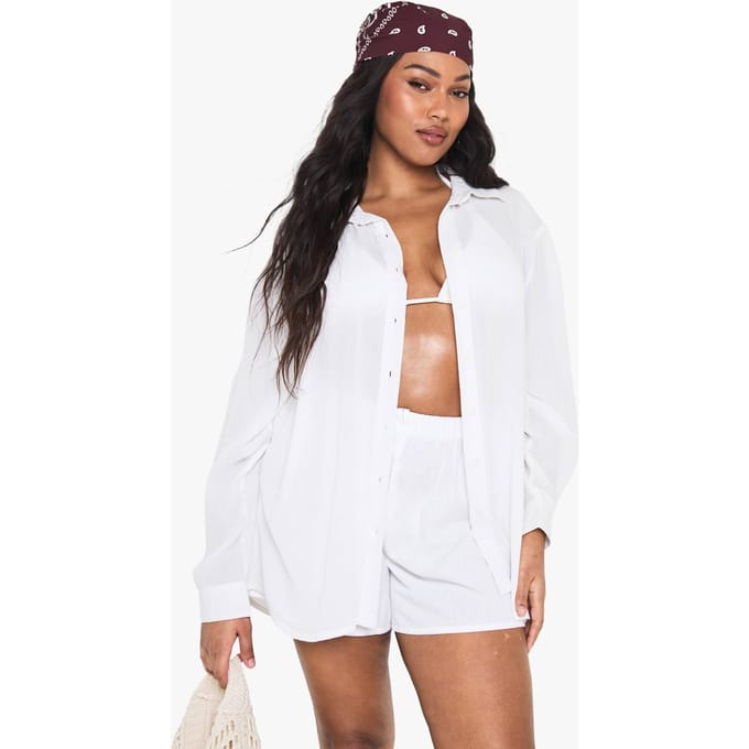 boohoo Dames Plus Strandkleding Essentials Oversized Overhemd | Wit | Maat: 48