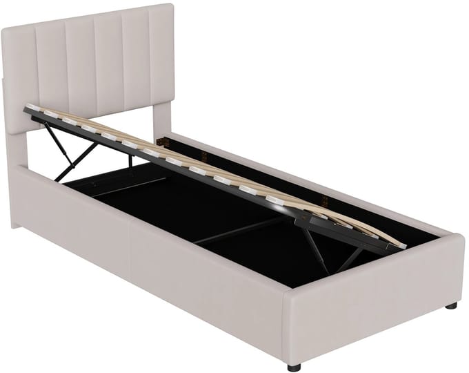 Emvae Bed - Kinderbed - 90x200 cm - Hydraulisch Opbergbed - Gestoffeerd Bedframe - Beige Linnen