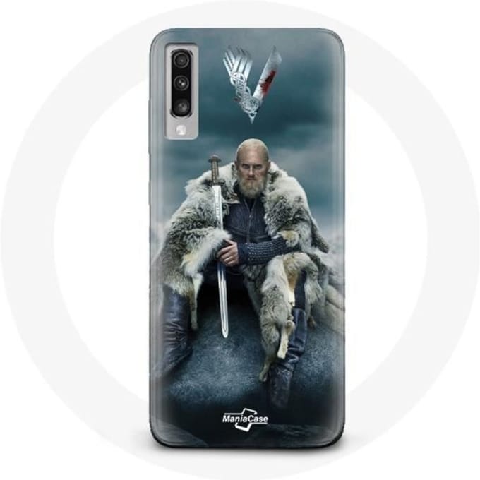 Case voor Samsung Galaxy A50 Vikings Series Seizoen 6 Ragnar Lothbrok logo V Sword Grey Blur Background