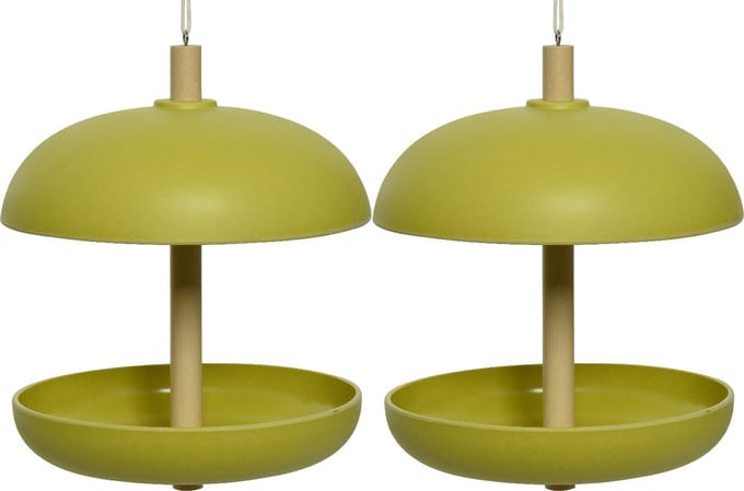 Decoris vogel voedersilo hangend - 2x - bamboe hout - groen - 21 x 25 cm