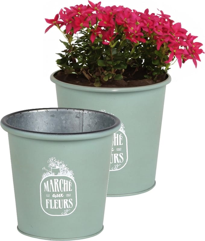 Sunnydays /plantenpot/bloempot - 2x - zink - jadegroen - D14 x H13 cm