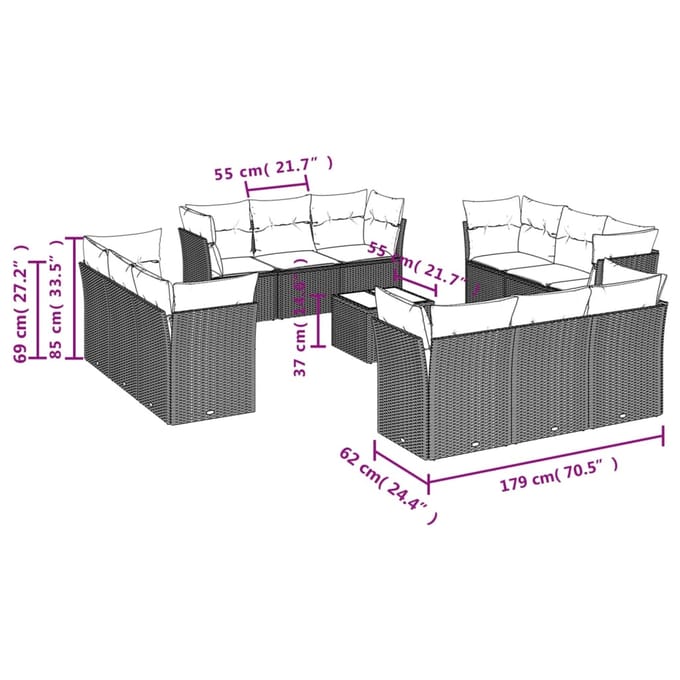 vidaXL - 13-delige - Loungeset - met - kussens - poly - rattan - beige