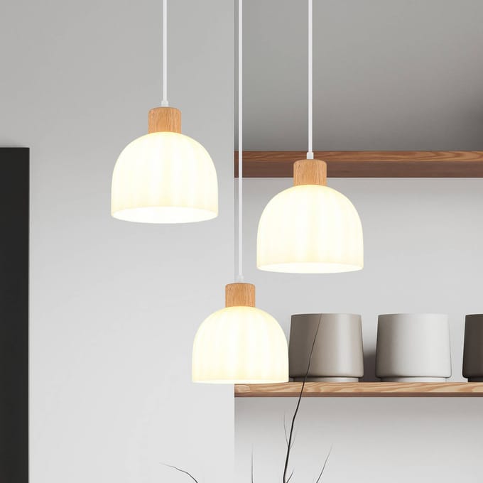 Globo Hanglamp Swanson, Ø 51 cm wit/bruin, glas/hout, 3-lamps.