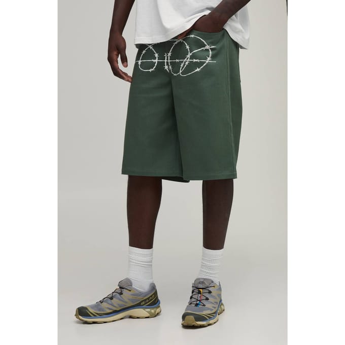 Ontspannen Pasvorm Middellange Short Met Prikkeldraadprint | Khaki | Size 34
