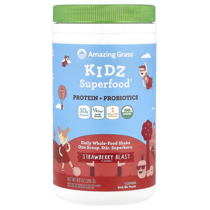 Amazing Grass, Kidz Superfood, Protéines + Probiotiques, Explosion de Fraise, 8,9 oz (255g)