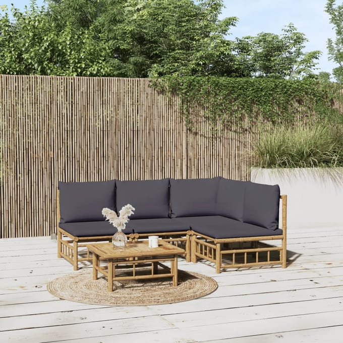 vidaXL - 5-delige - Loungeset - met - kussens - bamboe - donkergrijs