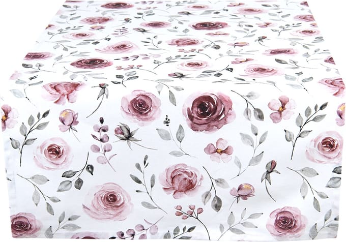 Clayre & Eef Tafelloper 50x140 cm Wit Roze Katoen Rozen