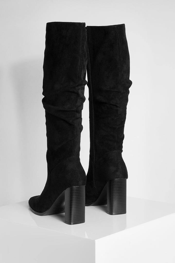 boohoo Dames Faux Suede Ruched Block Heel Knee High Boot | Black | Maat: 7