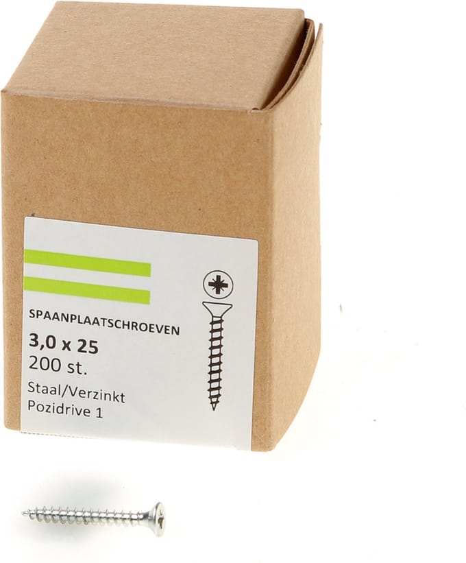Hoenderdaal Spaanplaatschroef verzinkt platverzonken kop PZ1 voldraad 3.0X25 (per 200 stuks)
