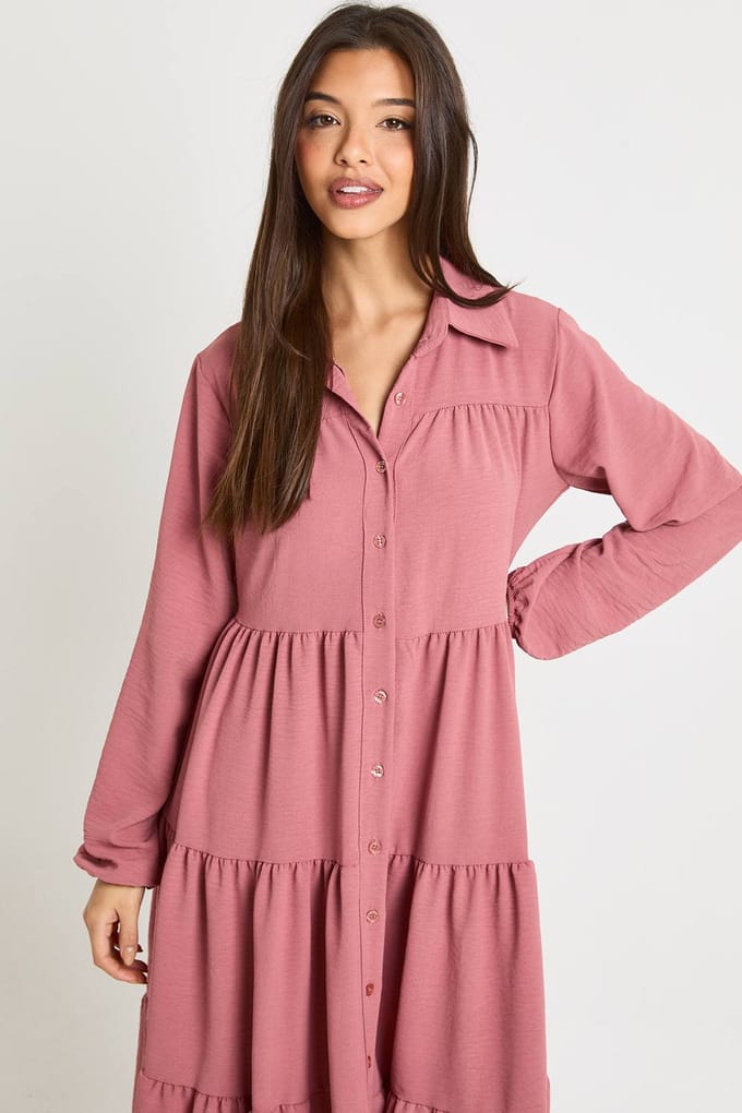 boohoo Dames Getextureerde gelaagde midi smock jurk | Desert Rose | Maat: 6